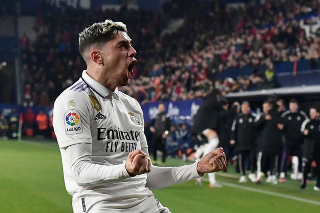 Real Madrid’s Federico Valverde celebrates after scoring the opening goal at Osasuna (Alvaro Barrientos/AP)