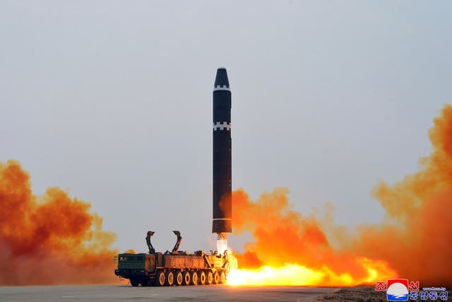<p>This photo provided by the North Korean government, shows what it says a test launch of a Hwasong-15 intercontinental ballistic missile on 18 February </p>