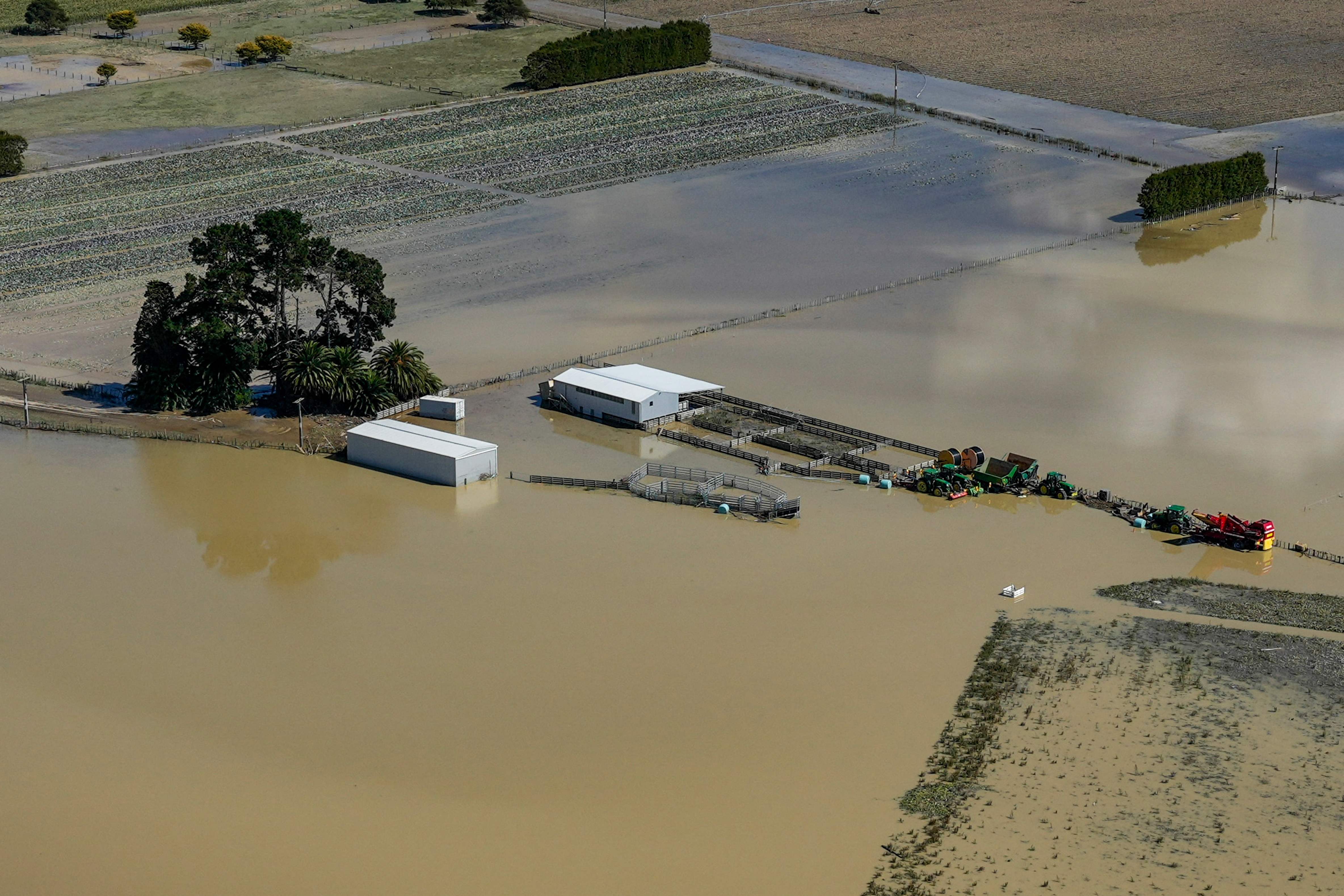 An aerial view shows the damage left by Cyclone Gabrielle in the Esk Valley near Napier on 18 February