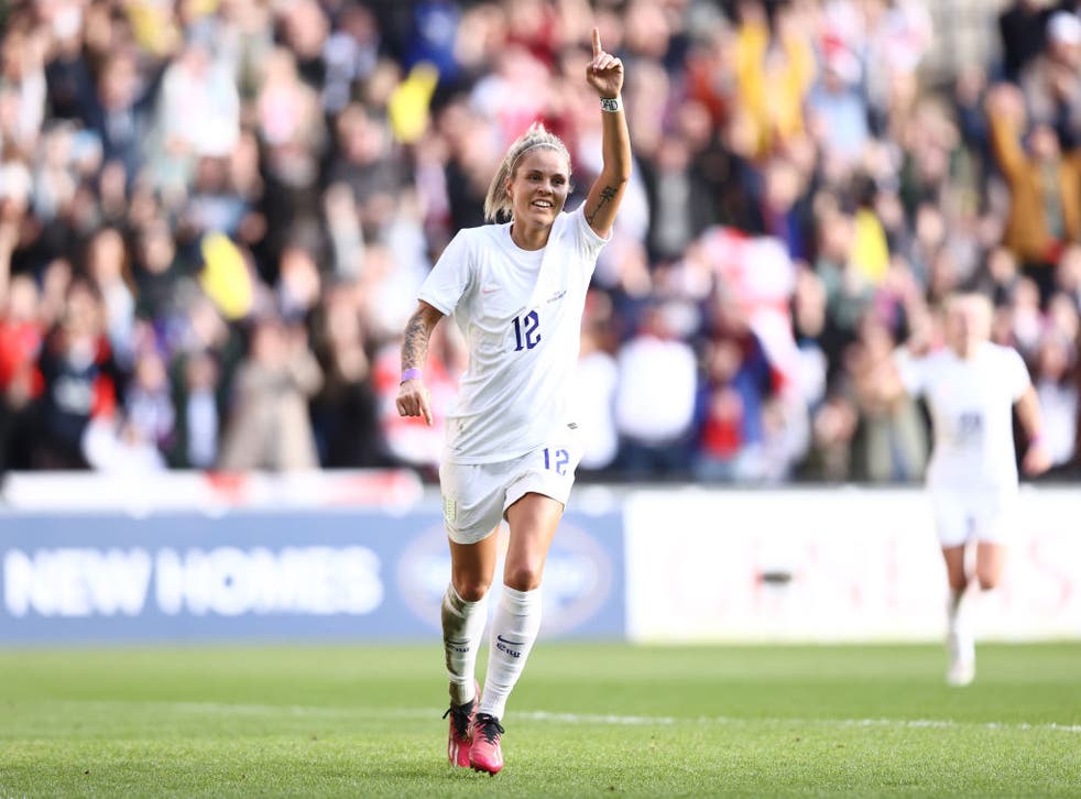 <p> Rachel Daly of England celebrates after scoring the team's first goal during the Arnold Clark Cup match between England and Italy </p>