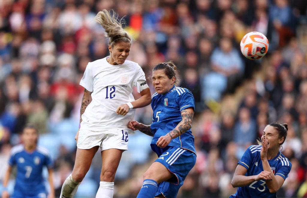 England’s Rachel Daly scores her second header of the match