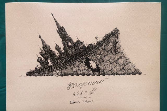 Dmytro Krishovsky’s Russian warship artwork has been signed by the soldier who told the ship ‘go f*** yourself’ (Dmytro Krishovsky and UART Gallery/PA)