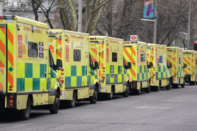<p>File photo dated 23 January 2023 of ambulances parked outside London Ambulance Service NHS Trust control room in Waterloo, London </p>