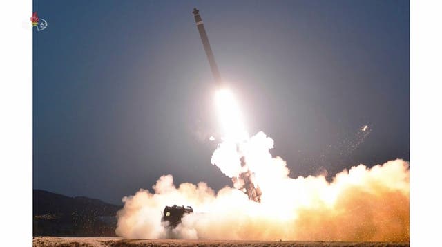 <p>This image made from video broadcasted by North Korea's KRT shows what it says is a ballistic missile being launched from an undisclosed location in North Korea</p>