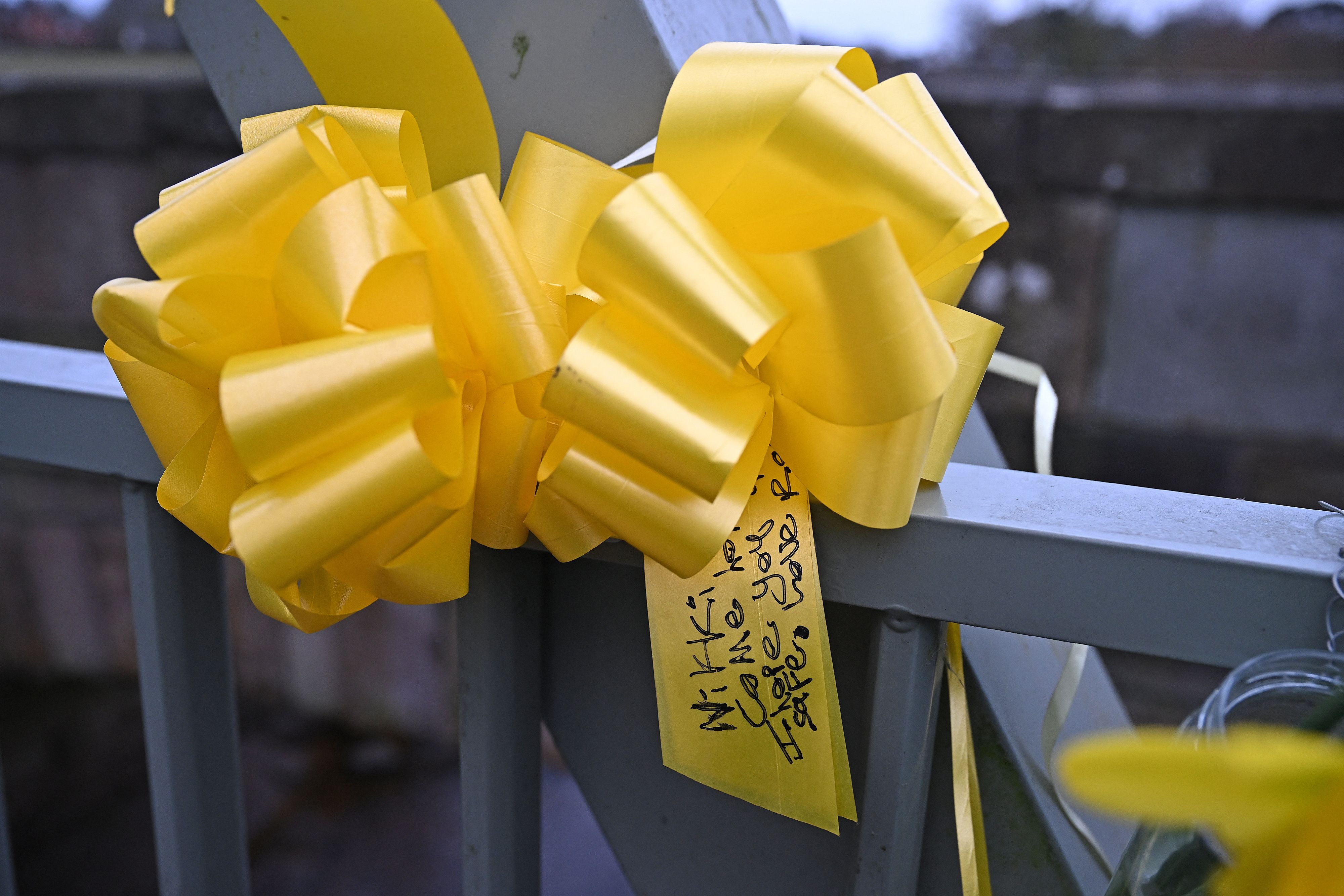 Daffodils and yellow ribbons with messages for Nicola Bulley