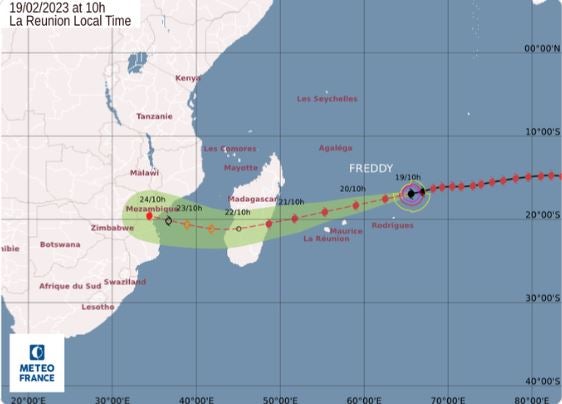 The forecast path of Cyclone Freddy on Monday