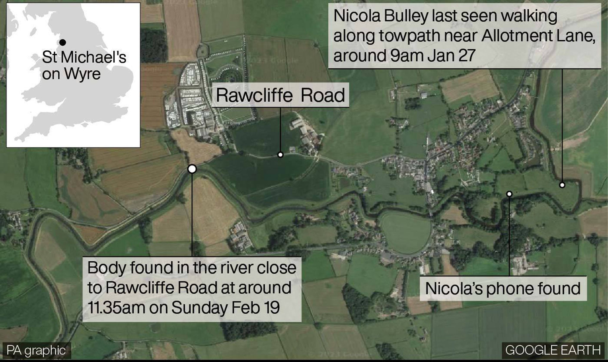 A map showing the exact location where a body in the search for missing dog walker Nicola Bulley was found has been released