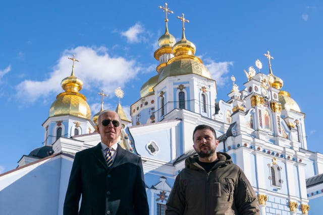 <p>President Joe Biden walks with Ukrainian President Volodymyr Zelenskyy at St. Michael's Golden-Domed Cathedral on a surprise visit, Monday, Feb. 20, 2023, in Kyiv.</p>