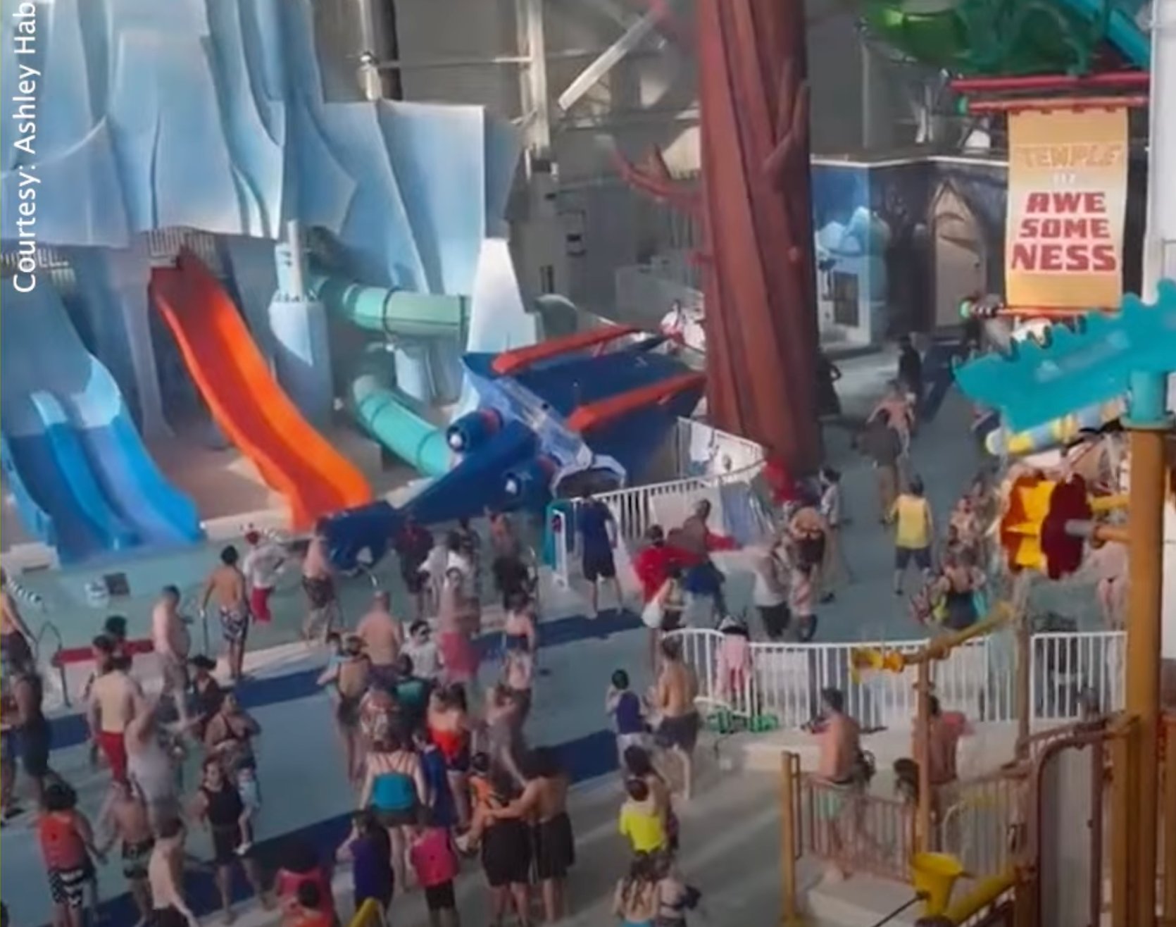 A large blue prop helicopter fell into a pool at the American Dream water park in New Jersey on Sunday