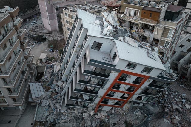 <p>A destroyed apartment block is seen on February 20, 2023 in Hatay</p>