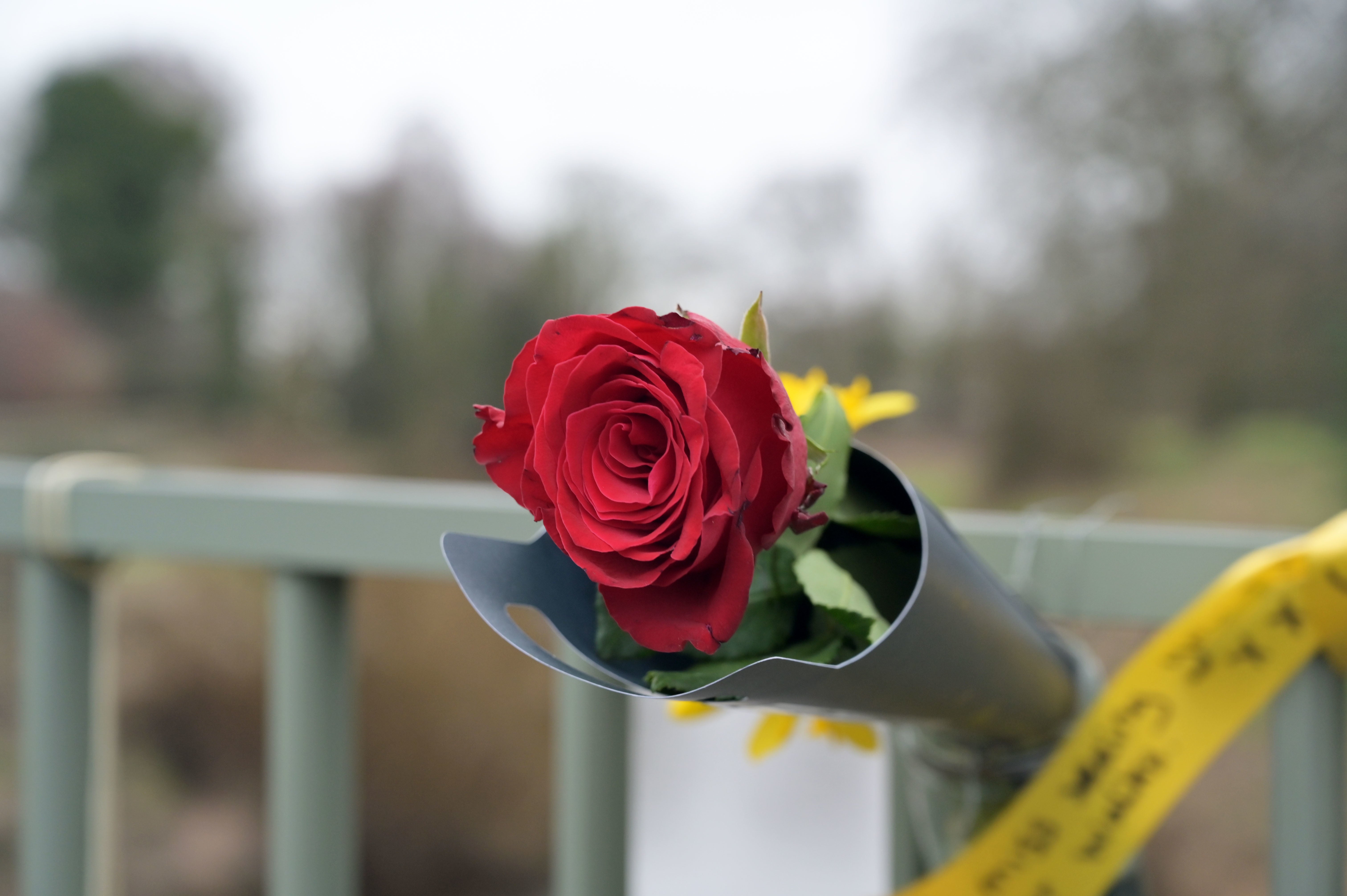 Flowers, and ribbons on a bridge over the River Wyre in St Michael’s on Wyre, Lancashire after police announced they had found a body