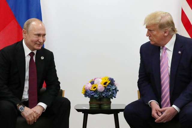 <p>File: Russian president Vladimir Putin and US President Donald Trump hold a meeting on the sidelines of the G20 summit in Osaka on June 28, 2019</p>