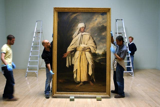 <p>Joshua Reynolds 'Portrait of Omai' is moved before hanging at Tate Britain.</p>