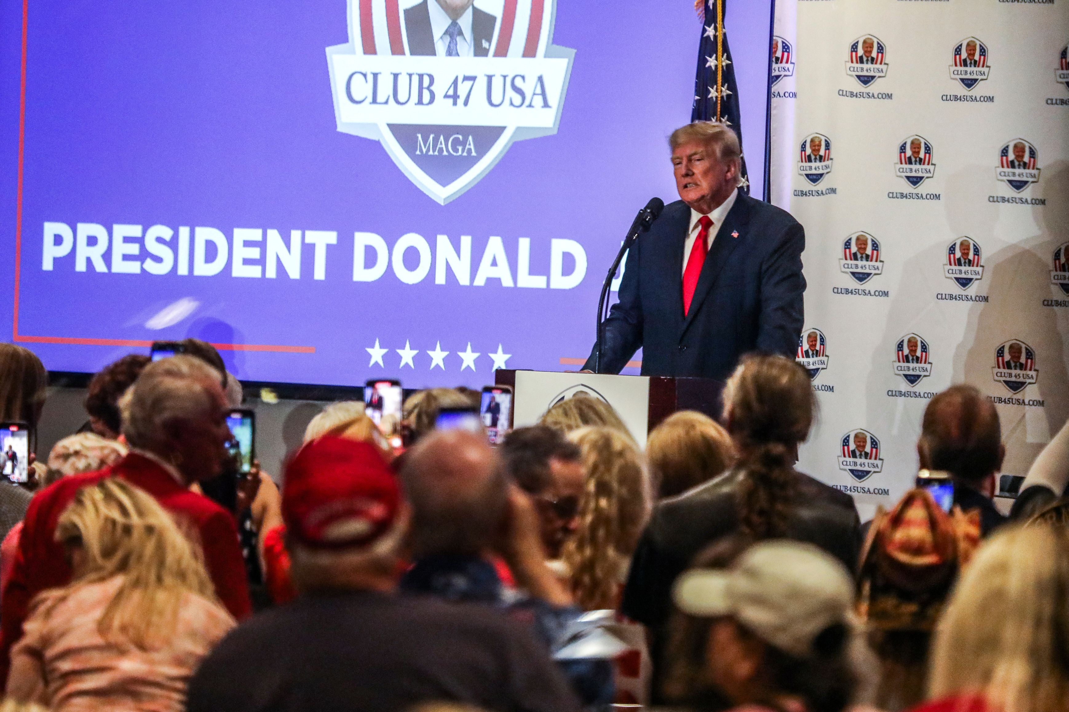 Former US President Donald Trump speaks to supporters during Trump's President Day event at the Hilton Palm Beach Airport in West Palm Beach, Florida, on February 20, 2023