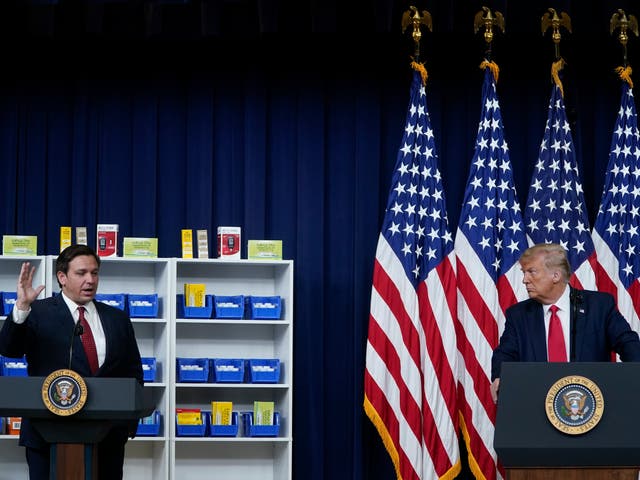 <p>Florida Governor Ron DeSantis speaks before U.S. President Donald Trump signs executive orders on prescription drug prices in the South Court Auditorium at the White House on July 24, 2020 in Washington, DC</p>
