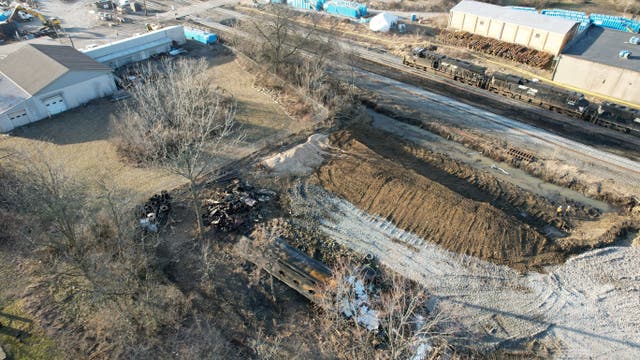 <p>File: A general view of the site where toxic chemicals were spilled following a train derailment, in East Palestine, Ohio, US, 15 February 2023</p>