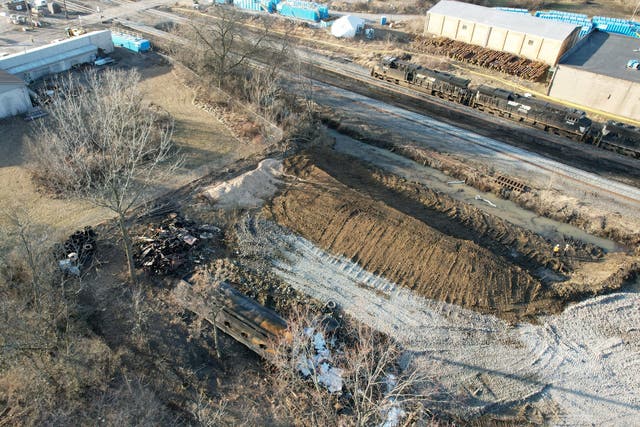 <p>File: A general view of the site where toxic chemicals were spilled following a train derailment, in East Palestine, Ohio, US, 15 February 2023</p>