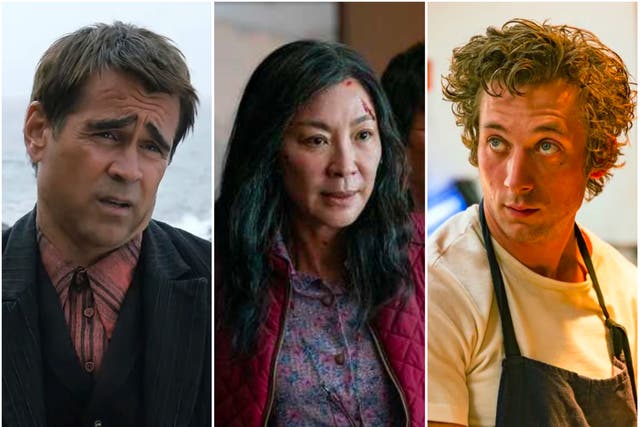 <p>(Left to right) Colin Farrell in ‘The Banshees of Inisherin’, Michelle Yeoh in ‘Everything Everwhere All at Once’ and Jeremy Allen White in ‘The Bear’</p>