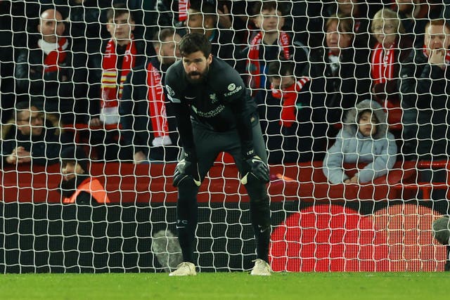 <p>Alisson endured a torrid evening at Anfield </p>