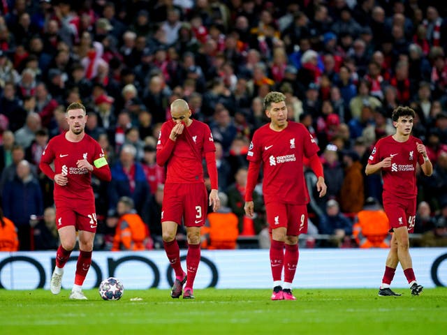 <p>Liverpool players appear dejected during the Champions League</p>