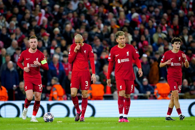 <p>Liverpool players appear dejected during the Champions League</p>
