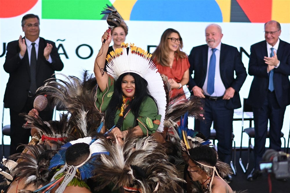 The new minister of indigenous peoples of Brazil, Sonia Guajajara, speaks during a ceremony as she took office in January