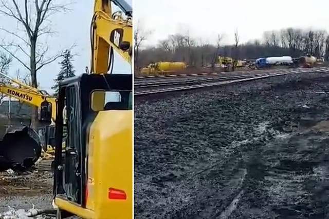 <p>Cleanup gets underway at site of Ohio train derailment</p>