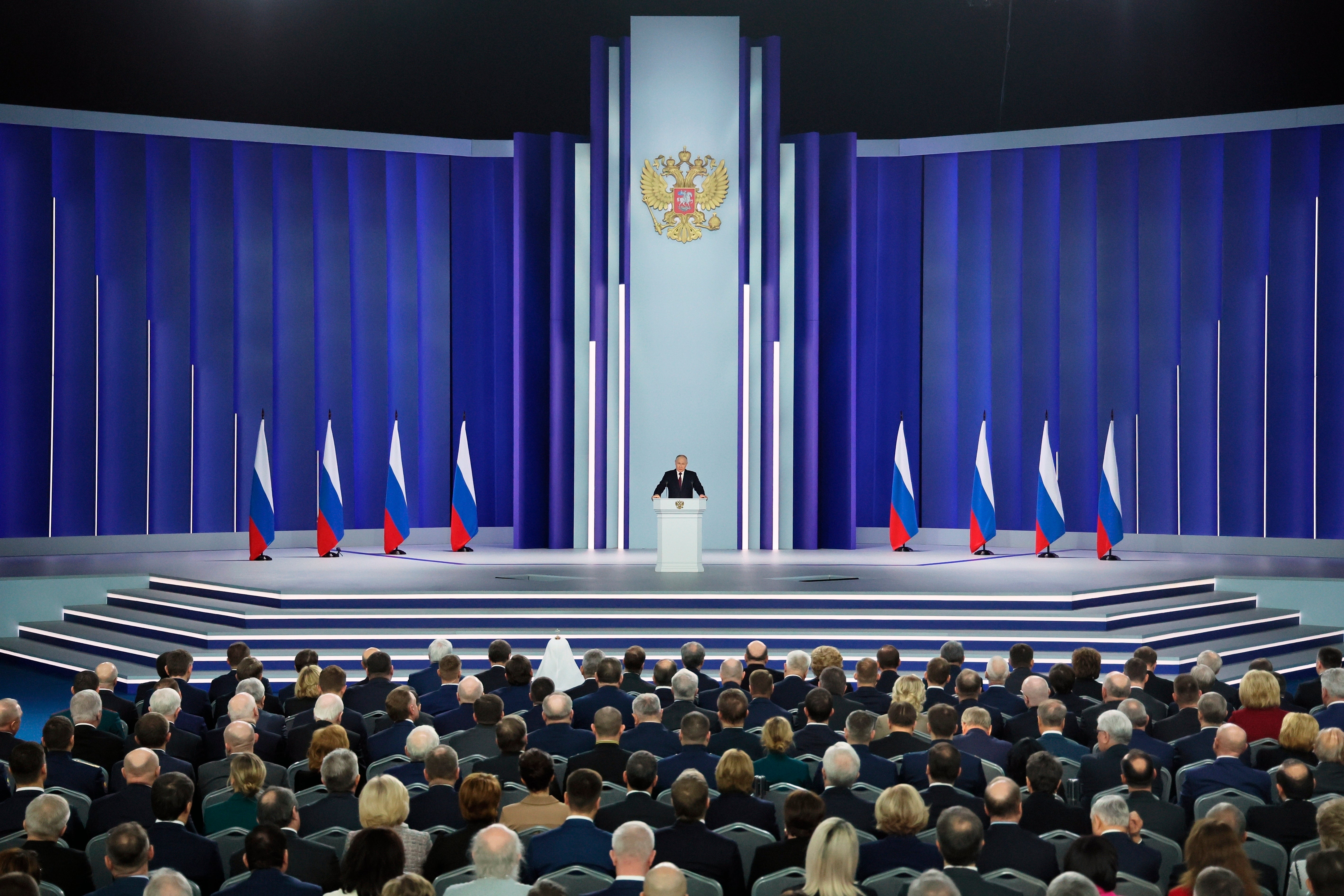 Russian President Vladimir Putin gives his annual state of the nation address in Moscow, Russia, Tuesday, Feb. 21, 2023
