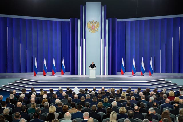 <p>Russian President Vladimir Putin gives his annual state of the nation address in Moscow, Russia, Tuesday, Feb. 21, 2023</p>