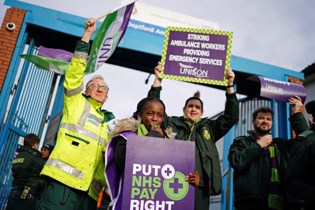 Ambulance workers on the picket line outside London Ambulance Service (LAS) earlier this month in Deptford, south-east London, during a strike by members of the Unison union in the long-running dispute over pay and staffing. Another strike has been called (Jordan Pettitt/PA)