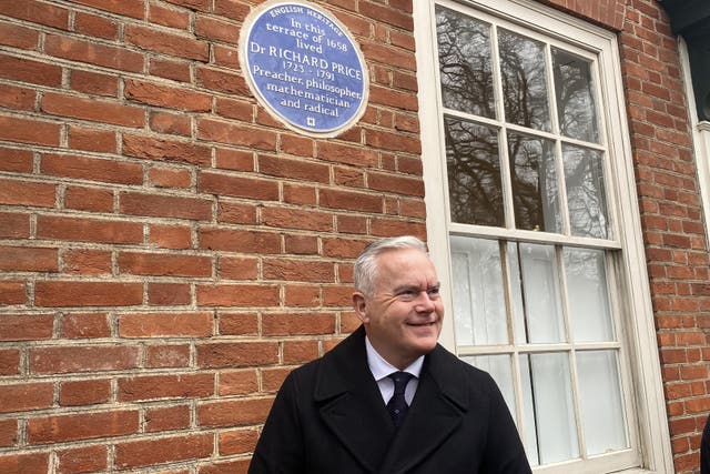 BBC’s Huw Edwards unveiled a commemoration to Richard Price in the form of a Blue Plaque (English Heritage/PA)