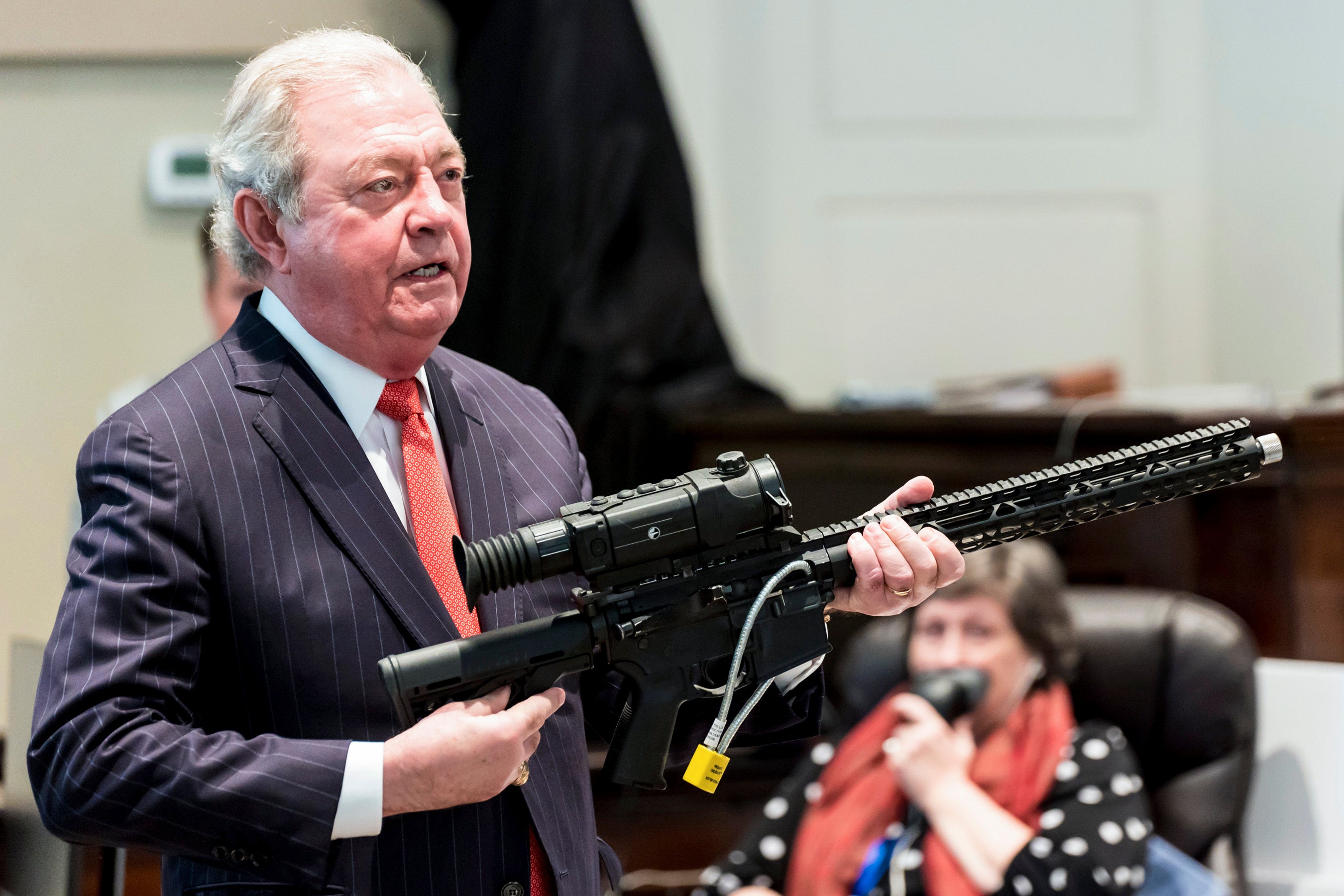 Defence attorney Dick Harpootlian holds Buster Murdaugh’s .300 Blackout rifle during Alex Murdaugh’s murder trial