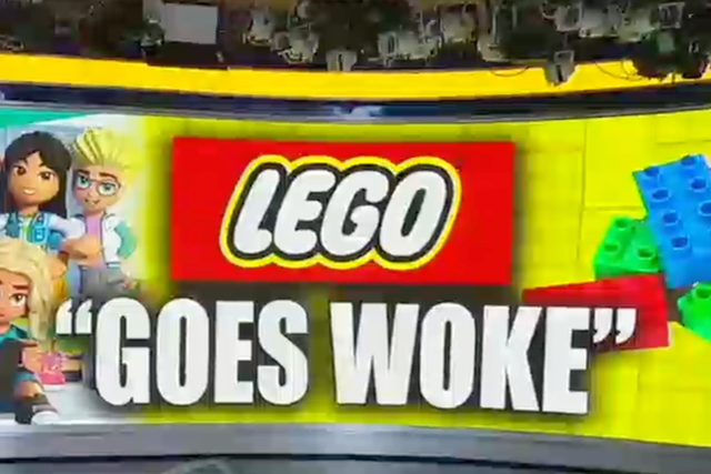 <p>A Fox News graphic claiming that Lego is going “woke” </p>