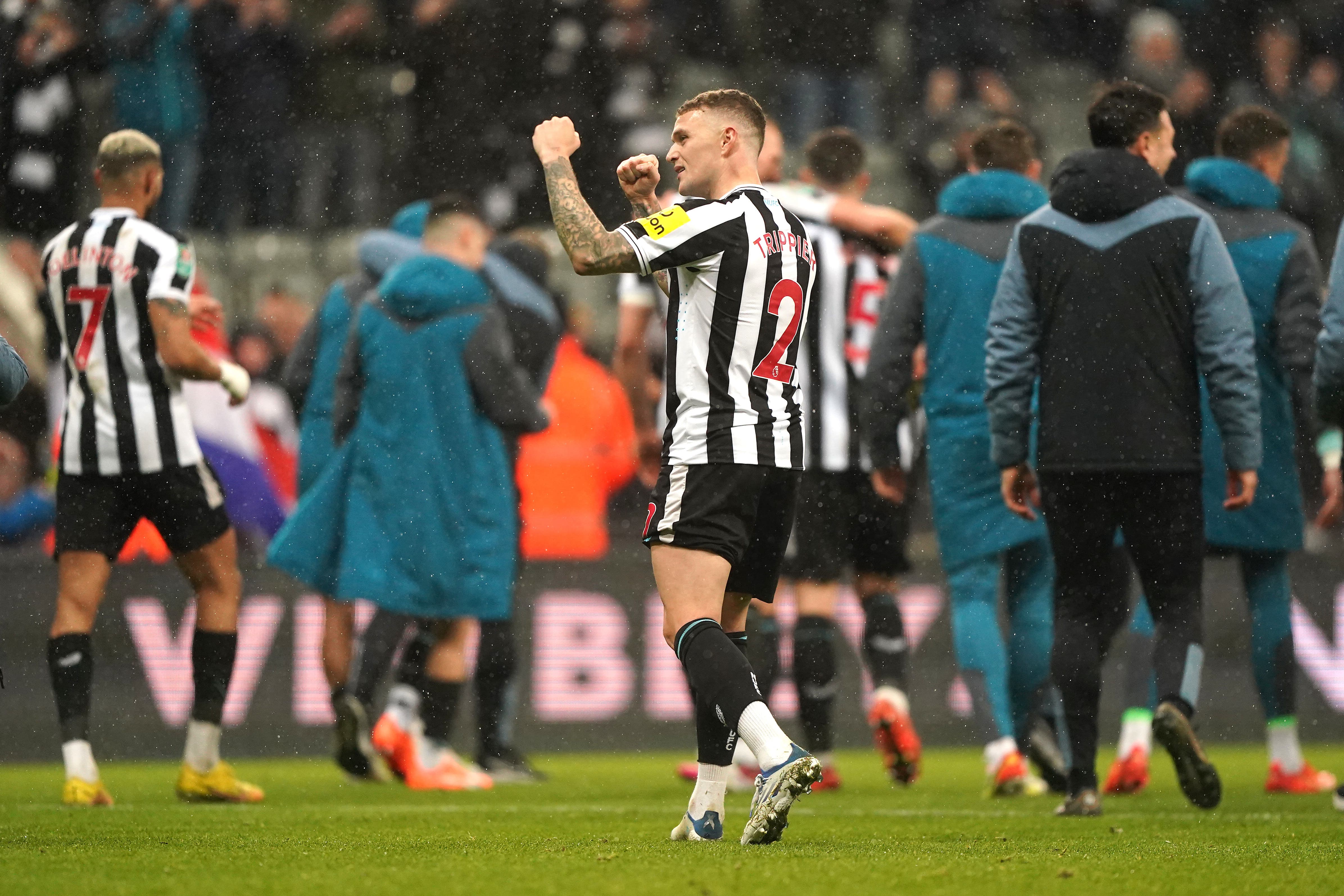 Newcastle’s Kieran Trippier celebrates semi-final, second leg victory over Southampton (Owen Humphreys/PA)