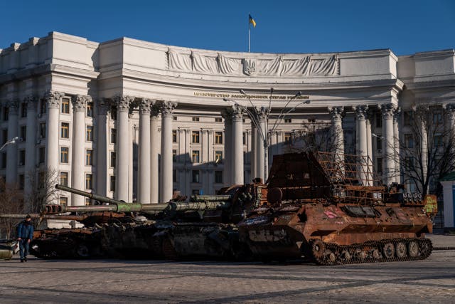 Destroyed Russian military equipment at an open air exhibition in Mykhailivska Square in Kyiv, ahead of the first anniversary on Friday of the Russian invasion of Ukraine (Aaron Chown/PA)