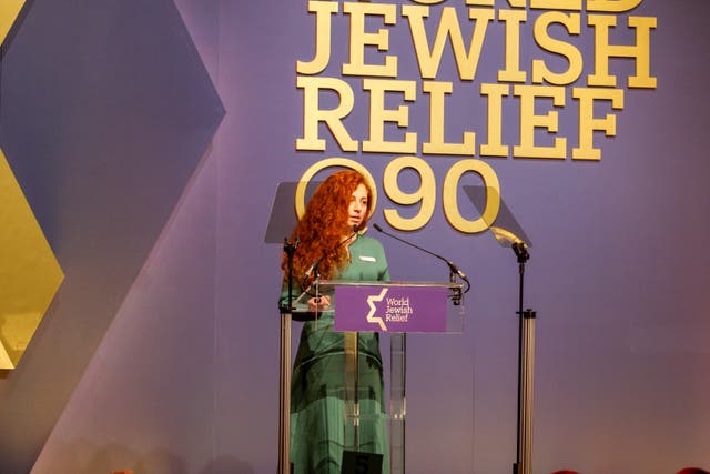 Sabina Artemieva, a Ukrainian refugee, speaks at an event celebrating World Jewish Relief’s 90th anniversary (World Jewish Relief)