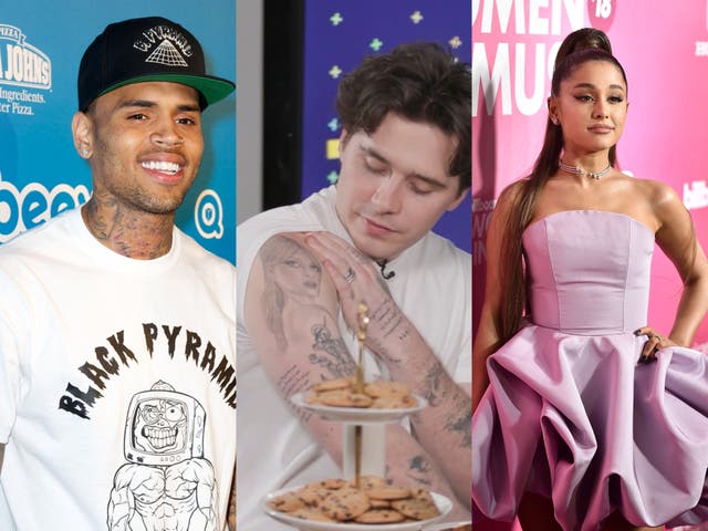 <p>From left to right: Chris Brown, Brooklyn Beckham and Ariana Grande</p>