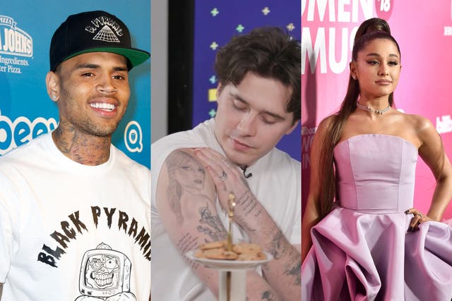 <p>From left to right: Chris Brown, Brooklyn Beckham and Ariana Grande</p>