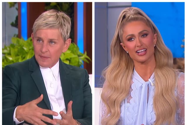 <p>Ellen DeGeneres with Paris Hilton on an episode of ‘The Ellen DeGeneres Show’ in January 2022 </p>