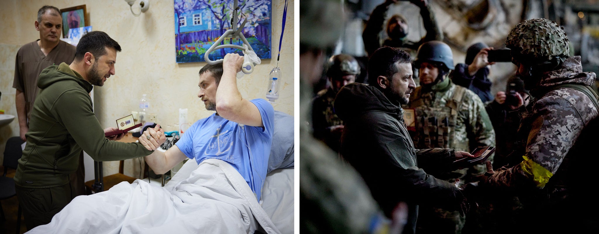 Left: Volodymyr Zelensky visiting a military hospital in March 2022. Right: The president during a medal giving ceremony to Ukrainian servicemen in the frontline city of Bakhmut, December 2022