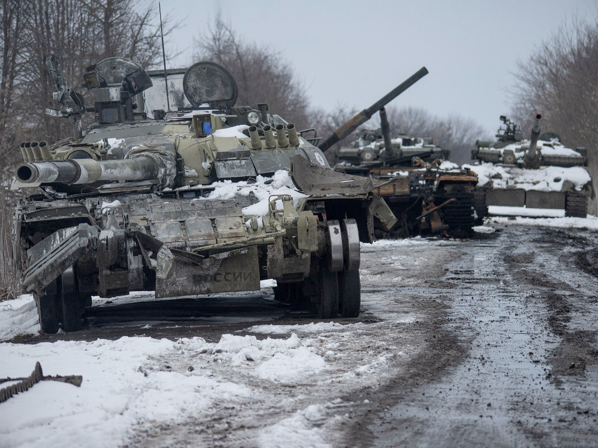 Destroyed Russian tanks in the Sumy region of northeast Ukraine