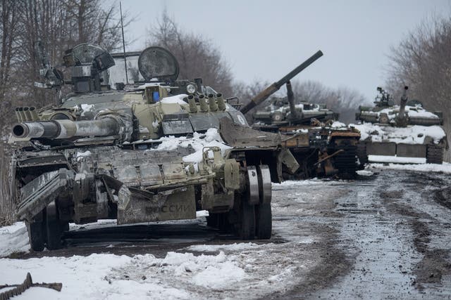 <p>Destroyed Russian tanks in the Sumy region of northeast Ukraine</p>