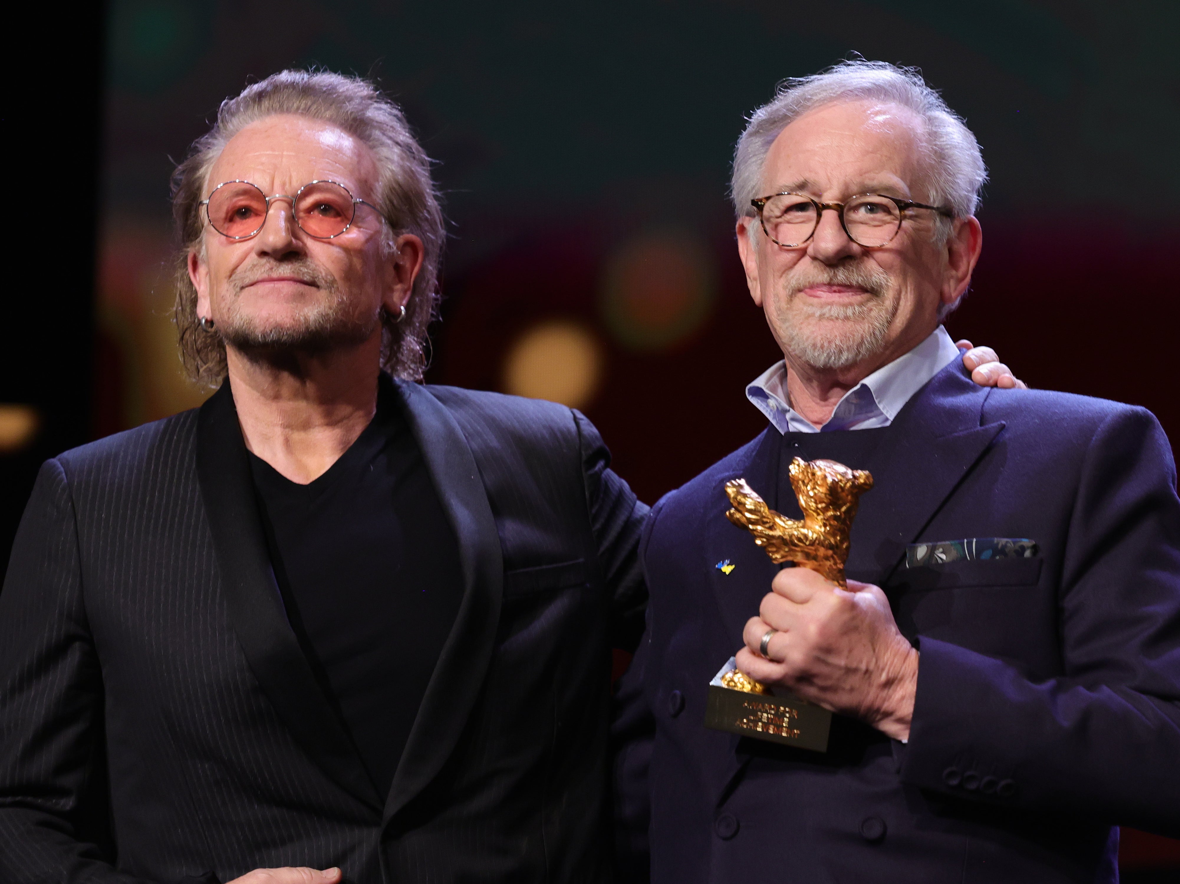 Bono awarding Steven Spielberg with the Golden Bear award at Berlinale