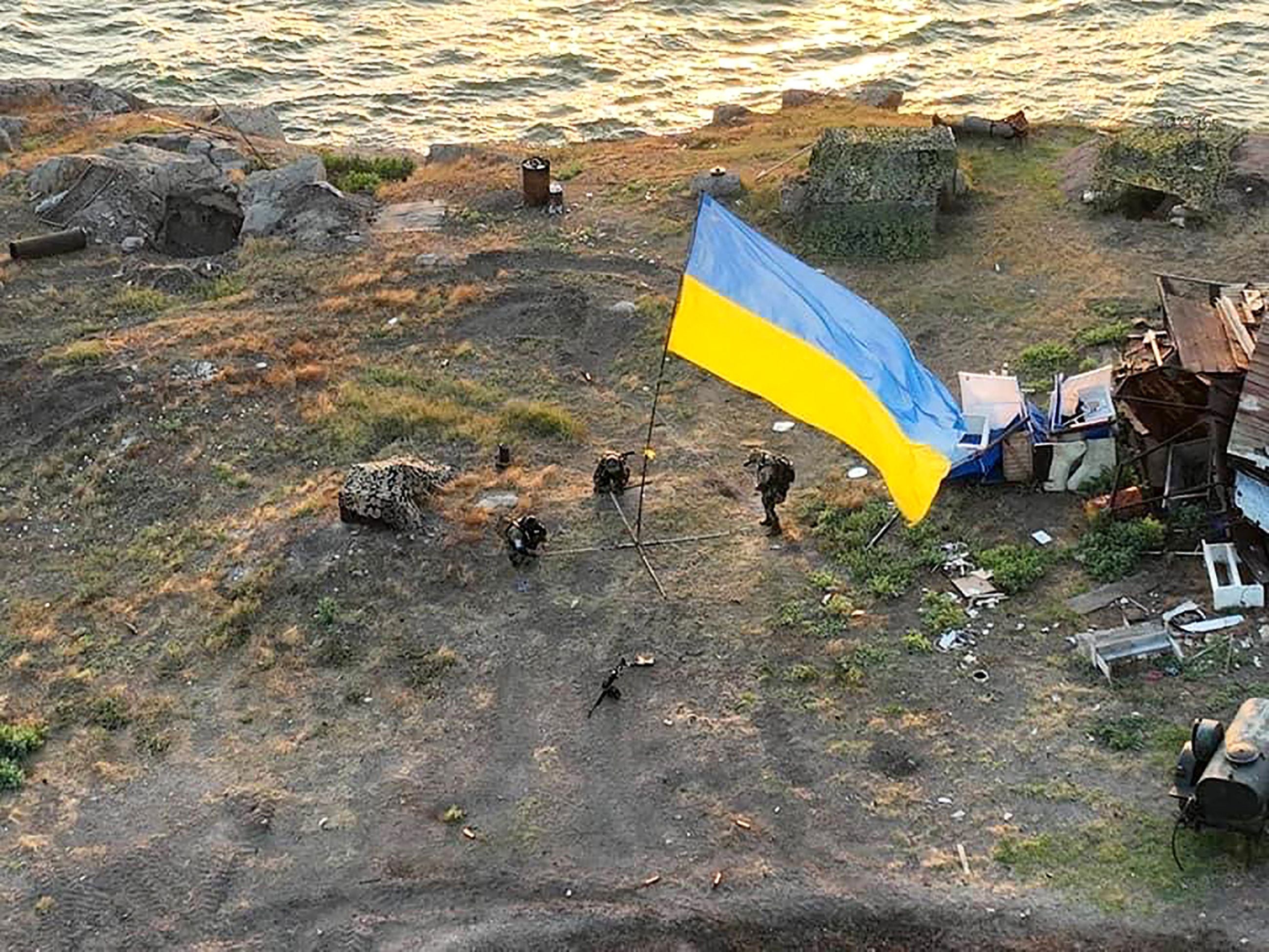 Ukrainian flag set on Bile village on Snake Island