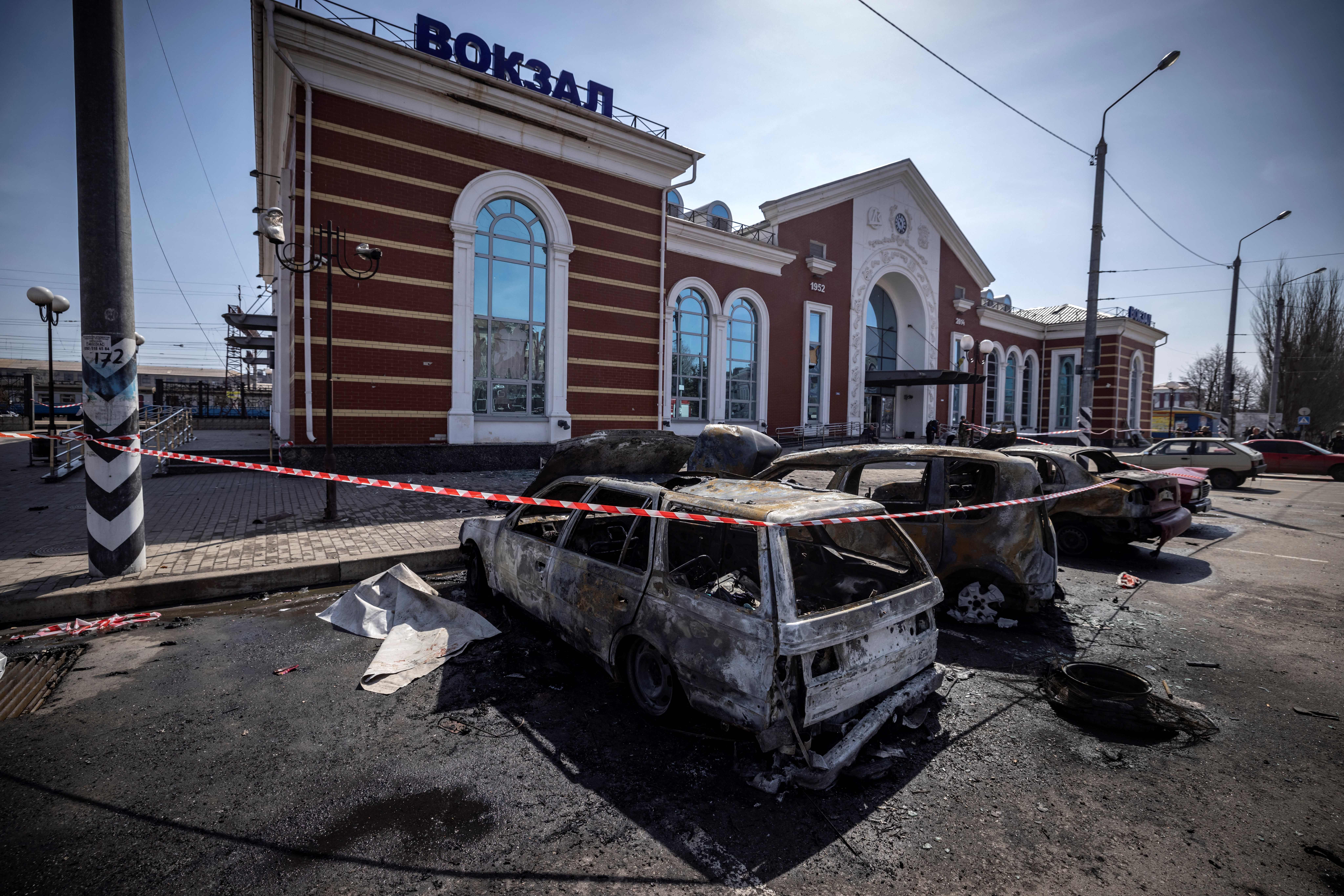 The train station in Kramatorsk, that was being used for civilian evacuations, after it was hit by a rocket