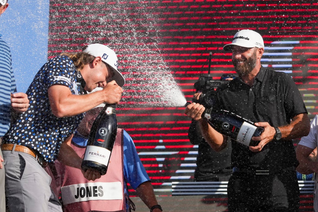 Cameron Smith and Dustin Johnson celebrate victory at last season’s Team Championship