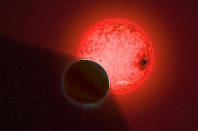 <p>Artist's conception of a large gas giant planet orbiting a small red dwarf star called TOI-5205</p>