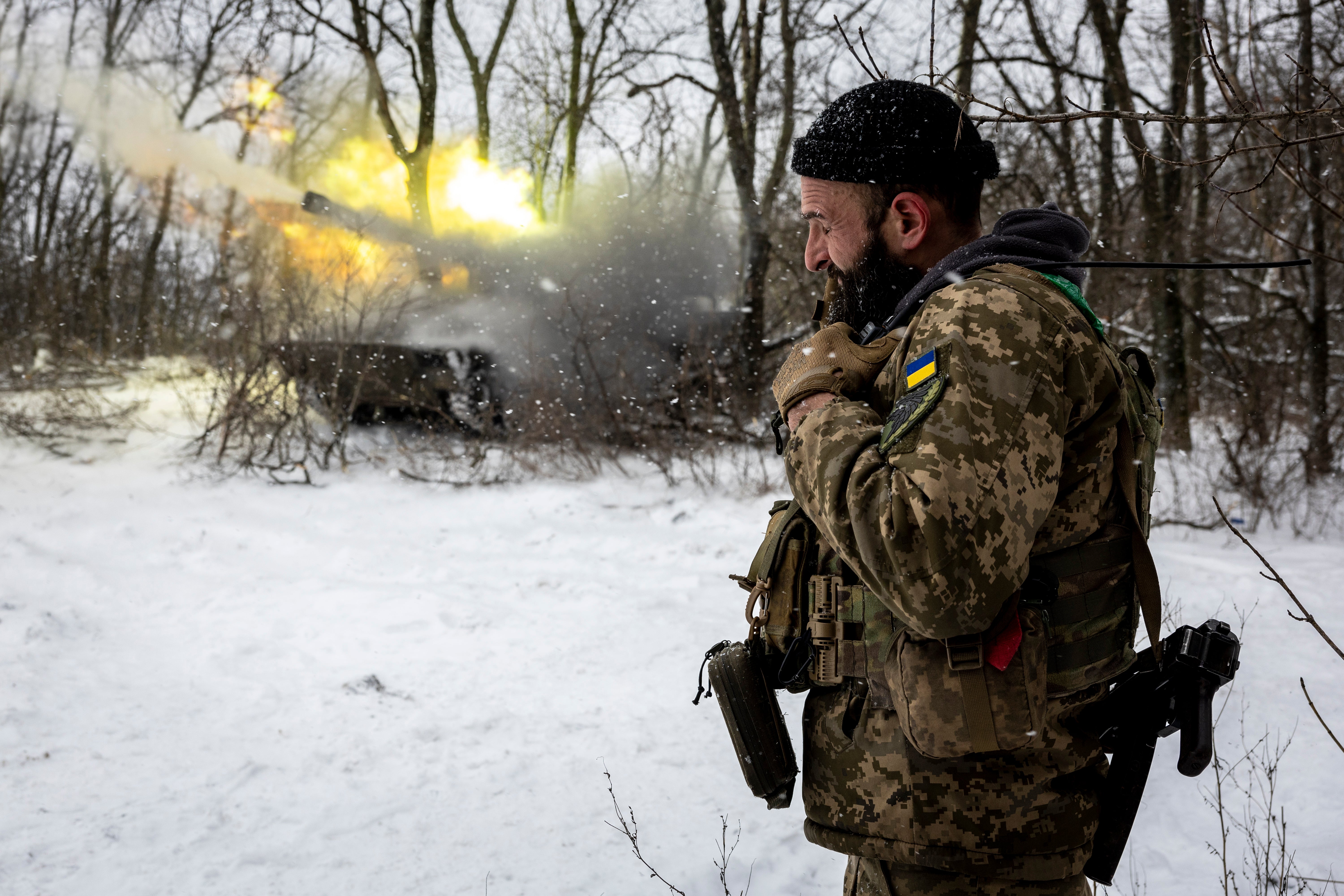 A Ukrainian Army self-propelled 122mm Howlitzer fires on a Russian position on 18 February near Bakhmut