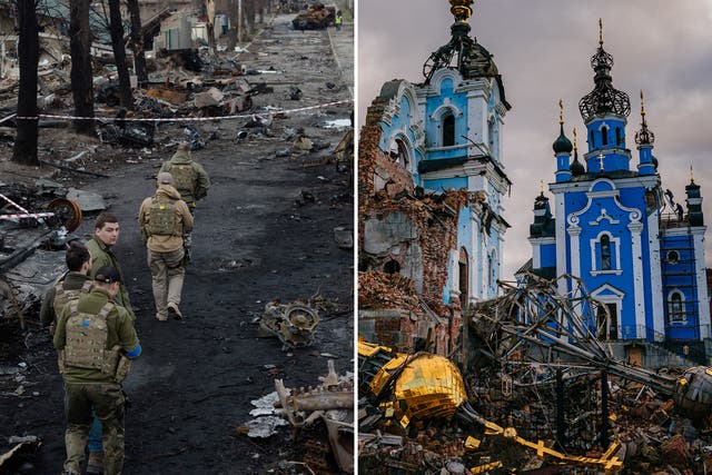 <p>Ukrainian soldiers Bucha, outside of Kyiv, after reclaiming it from Russian forces last April (left) and the restoration of a church in a village in Donetsk in January </p>