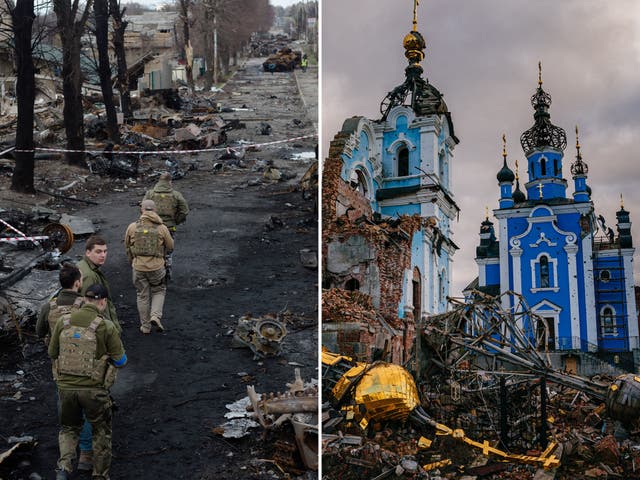 <p>Ukrainian soldiers Bucha, outside of Kyiv, after reclaiming it from Russian forces last April (left) and the restoration of a church in a village in Donetsk in January </p>